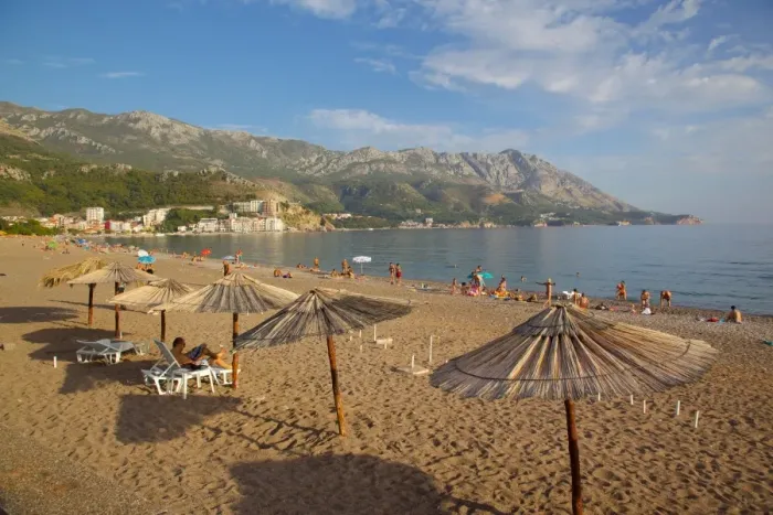 Framed Print : Beach and sunshades, Becici, Budva Bay, Montenegro, Europe Framed Print : Beach and sunshades, Becici, Budva Bay, Montenegro, Europe