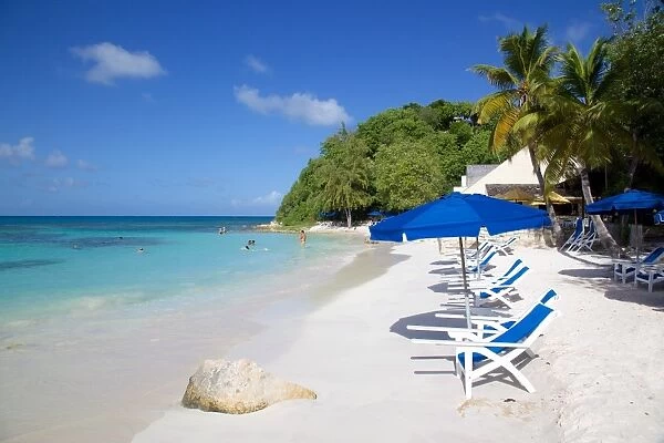 Beach and sunshades, Long Bay, Antigua, Leeward Islands, West Indies, Caribbean, Central America