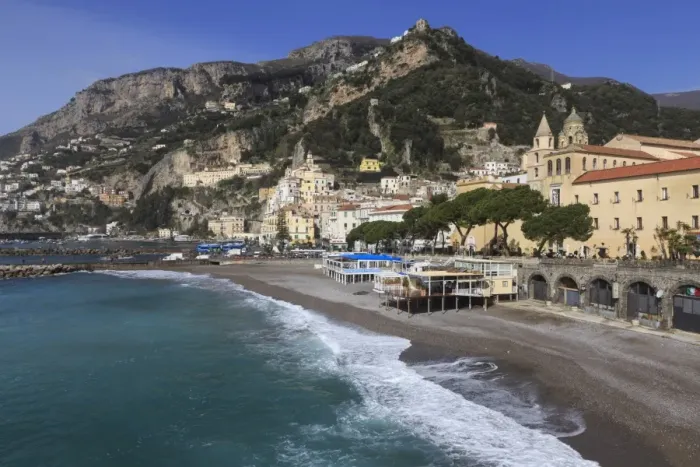 Framed Print : Beach, town and hills of Amalfi in sunshine with breaking waves, Costiera Amalfitana (Amalfi Coast) Framed Print : Beach, town and hills of Amalfi in sunshine with breaking waves, Costiera Amalfitana (Amalfi Coast)