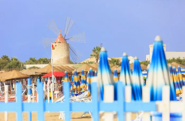Framed Print : Beach umbrellas and windmill, Baia dei Mulini, Trapani, Sicily, Italy, Mediterranean Framed Print : Beach umbrellas and windmill, Baia dei Mulini, Trapani, Sicily, Italy, Mediterranean
