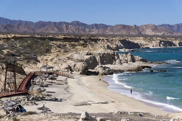 Beach and whale watch tower, Cabo Pulmo, UNESCO World Heritage Site, Baja California