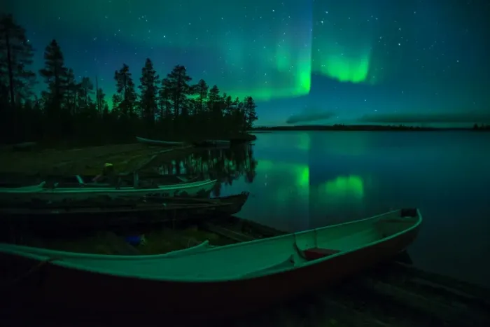 Framed Print : Beached canoes and Aurora Borealis and stars reflected in lake at night, Muonio, Lapland Framed Print : Beached canoes and Aurora Borealis and stars reflected in lake at night, Muonio, Lapland
