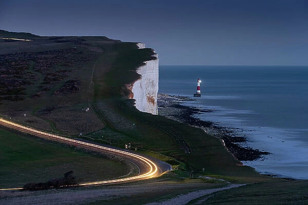 Beachy Head Lighthouse and Beachy Head at night, near Eastbourne, South Downs National Park, East Sussex, England, United Kingdom, Europe