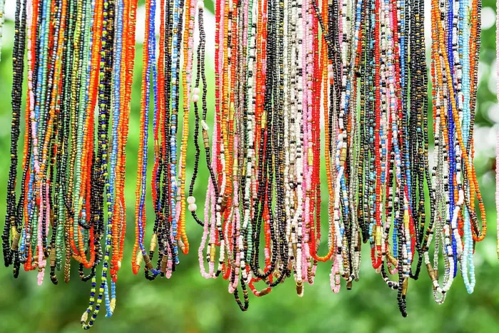Framed Print : Beaded necklaces for sale, Zanzibar, Tanzania, East Africa, Africa