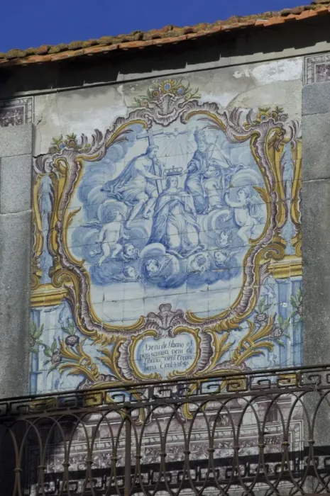 Framed Print : A beautiful blue and white tiled azuleju tableau with elaborate gold tiled frame preserved in an old wall in the City of Oporto, Portugal, Europe Framed Print : A beautiful blue and white tiled azuleju tableau with elaborate gold tiled frame preserved in an old wall in the City of Oporto, Portugal, Europe