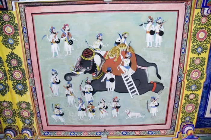 Framed Print : Beautiful frescoes on walls of the Juna Mahal Fort Framed Print : Beautiful frescoes on walls of the Juna Mahal Fort