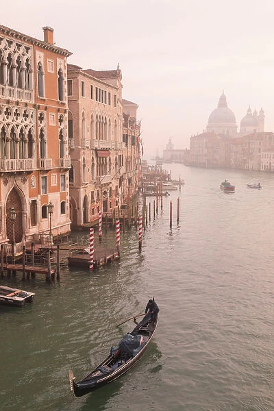 Beautiful Grand Canal, winter fog, gondola, Basilica Santa Maria della Salute, Venice