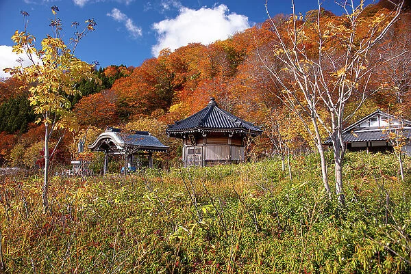 Beautiful Japanese temple surrounded by golden and red autumn colors, Osorezan Bodaiji Temple, Mutsu, Aomori prefecture, Honshu, Japan, Asia