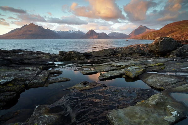 A beautiful November evening at Elgol on the Isle of Skye looking across Loch Scavaig towards the Cuillin Mountains, Scotland, United