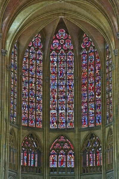 The beautiful stained glass windows at the end of the nave in St. Gatien cathedral, Tours, Indre-et-Loire, Loire Valley, Centre, France, Europe