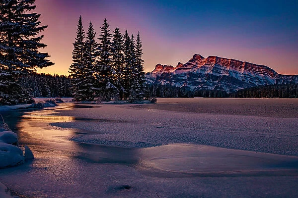 Beautiful sunset on a very cold morning, Banff, Alberta, Canada, North America
