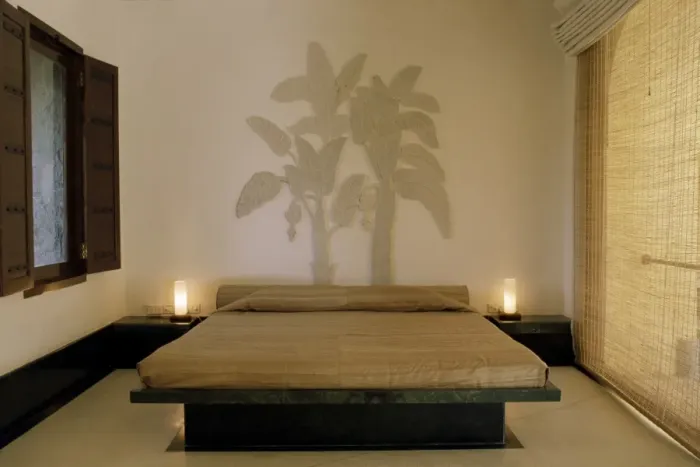 Framed Print : Bedroom suite with dramatic marble relief depiction of banana trees Framed Print : Bedroom suite with dramatic marble relief depiction of banana trees