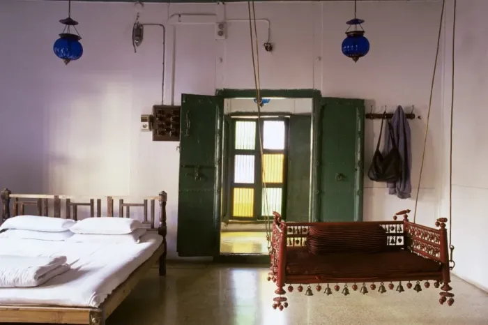Framed Print : Bedroom with traditional hitchkar suspended swing seat Framed Print : Bedroom with traditional hitchkar suspended swing seat