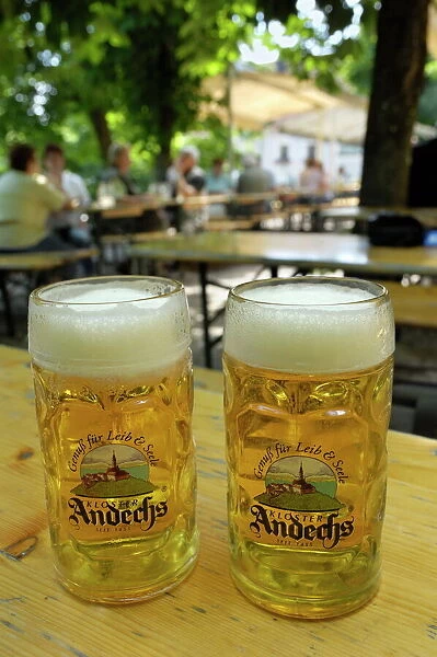 Beer steins in Andechs beer garden, brewed in the monastery, Andechs, near Munich