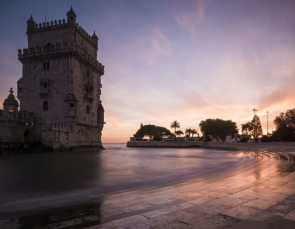 Belem Tower at dusk (Torre de Belem), UNESCO World Heritage Site, Lisbon, Portugal