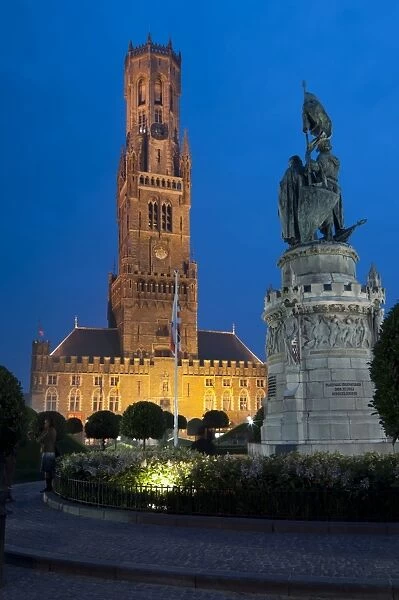 Belfry tower at dusk in Bruges, UNESCO World Heritage Site, Belgium, Europe