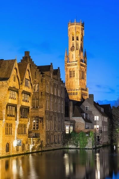 Belfry at twilight, Historic center of Bruges, UNESCO World Heritage Site, Belgium, Europe
