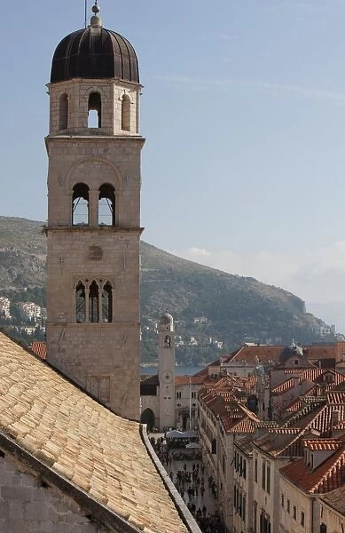 Bell tower of Franciscan Monastery and rooftops from Dubrovnik Old Town walls, UNESCO World Heritage Site, Dubrovnik, Croatia, Europe