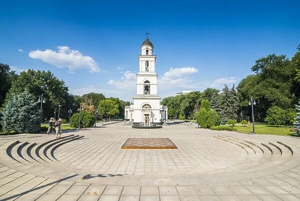 Bell tower before the Nativity cathedral in the center of Chisinau capital of Moldova, Eastern Europe