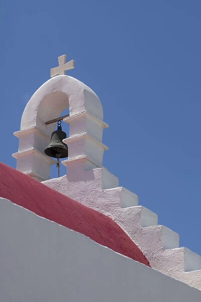 Bell tower of traditional church on the hillside near Ornos, Mykonos, The Cyclades, Aegean Sea, Greek Islands, Greece, Europe