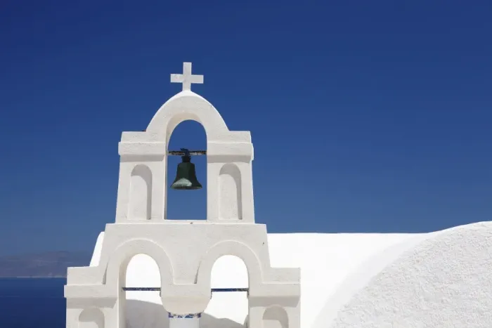 Framed Print : Bell tower of a white church, Oia, Santorini, Cyclades, Aegean Sea, Greek Islands, Greece, Europe