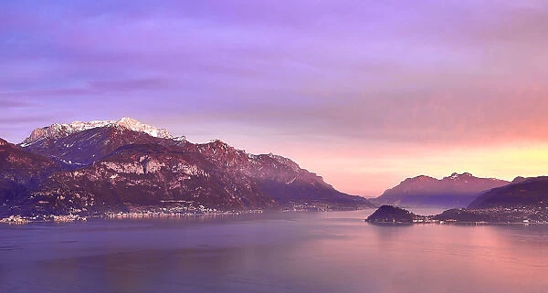 Bellagio and Varenna viewed from Menaggio on the western shore of Lake Como at sunset