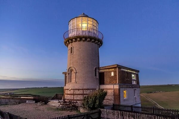 Belle Tout lighthouse at sunset on Christmas Day, Beachy Head, near Eastbourne, East Sussex, England, United Kingdom, Europe