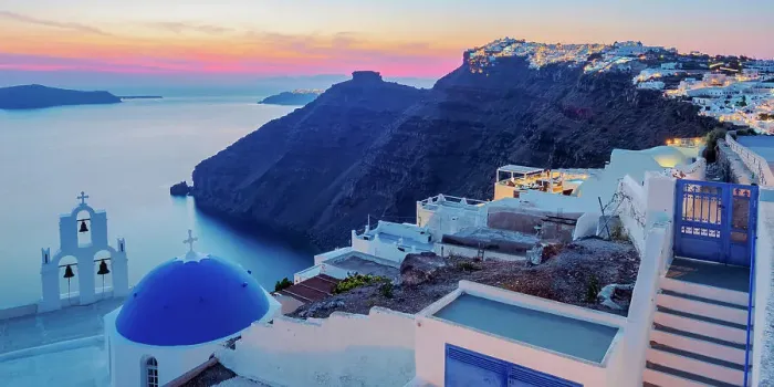Framed Print : Three Bells of Fira, iconic blue domed church at dusk, Fira, Santorini (Thira) Island, Cyclades, Greek Islands, Greece, Europe