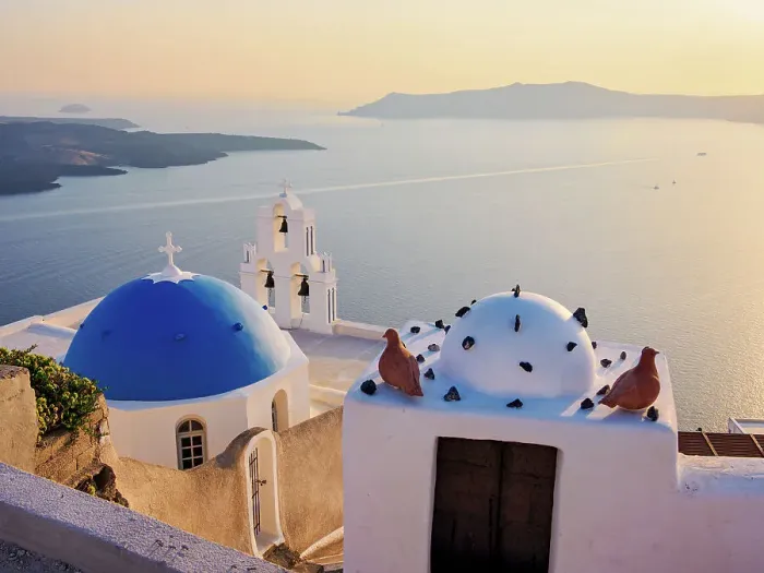 Framed Print : Three Bells of Fira, iconic blue domed church at sunset, Fira, Santorini (Thira) Island, Cyclades, Greek Islands, Greece, Europe