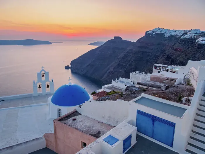 Framed Print : Three Bells of Fira, iconic blue domed church at sunset, Fira, Santorini (Thira) Island, Cyclades, Greek Islands, Greece, Europe