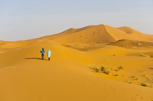 Two Berber men walking in the sand dunes of Erg Chebbi Desert, Sahara Desert near Merzouga, Morocco, North Africa, Africa