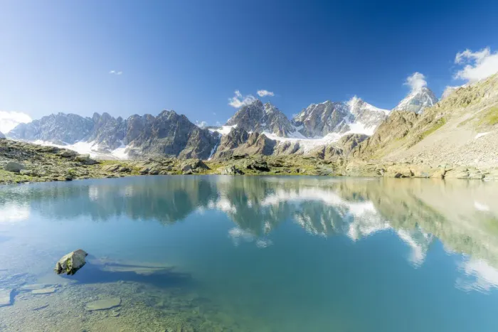 Framed Print : Bernina Group mountains mirrored in the clear water of Forbici lake, Valmalenco Framed Print : Bernina Group mountains mirrored in the clear water of Forbici lake, Valmalenco