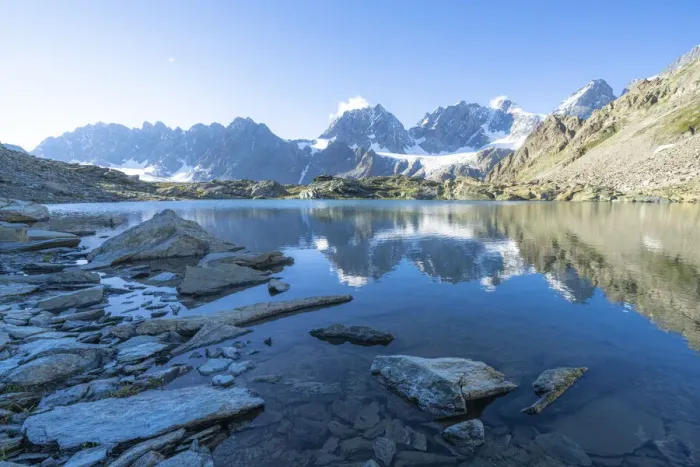 Framed Print : Bernina Group reflected in the clear water of Forbici lake at dawn, Valmalenco Framed Print : Bernina Group reflected in the clear water of Forbici lake at dawn, Valmalenco