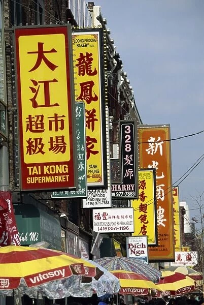 Bi-lingual Chinese and English signs on Spadina Avenue in Chinatown in downtown Toronto