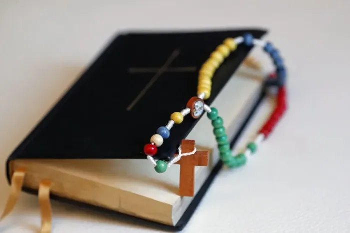 Framed Print : Bible with a colorful rosary, Italy, Europe Framed Print : Bible with a colorful rosary, Italy, Europe
