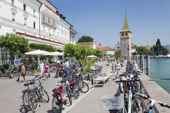 Framed Print : Bicycles at the promenade with the Mangturm tower, Lindau, Lake Constance, Bavaria, Germany, Europe