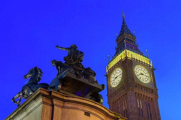 Big Ben and Boadicea Statue, dusk, Westminster, London, England, United Kingdom, Europe