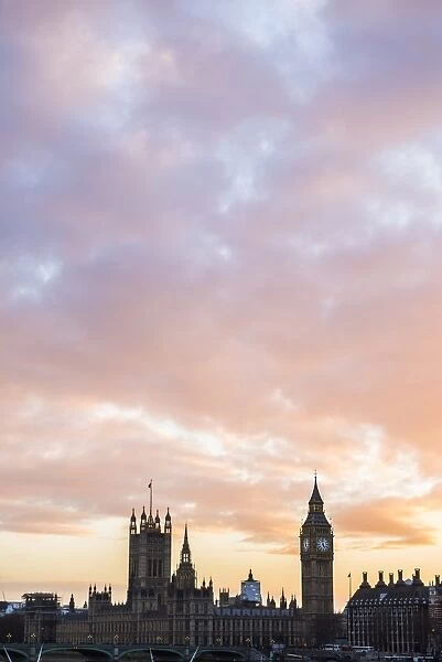 Big Ben and Houses of Parliament at sunset, UNESCO World Heritage Site, London Borough