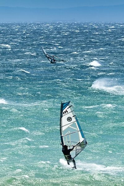 Big Jump windsurfing in high Levante winds in the Strait of Gibraltar, Valdevaqueros, Tarifa, Andalucia, Spain, Europe