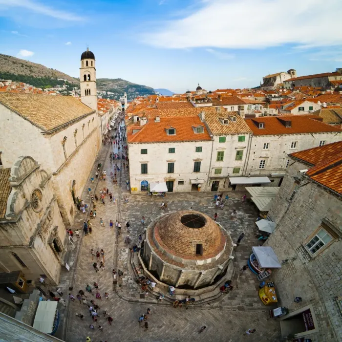 Framed Print : Big Onforio Fountain, Franciscan Monastery and City Bell Tower on Stradun from Dubrovnik City Walls, UNESCO World Heritage Site, Dubrovnik, Dalmatian Coast, Croatia, Europe