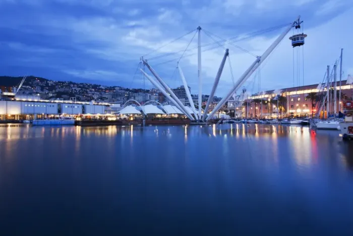 Framed Print : The Bigo with lift raised in the Old Port at dusk, Genoa, Liguria, Italy, Europe Framed Print : The Bigo with lift raised in the Old Port at dusk, Genoa, Liguria, Italy, Europe