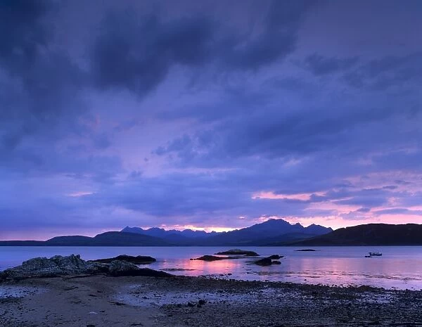 Black Cuillins range from the shores of Loch Eishort at dusk