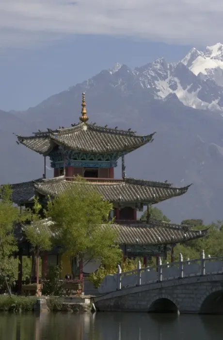 Framed Print : Black Dragon Pool Park, temple and bridge, with Jade Dragon Snow Mountain in background Framed Print : Black Dragon Pool Park, temple and bridge, with Jade Dragon Snow Mountain in background