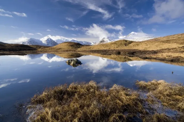 Framed Print : Black Mount Hills covered in snow on a sunny winters day with reflections in a frozen Lochain