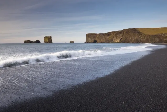 Framed Print : Black sand beach and Dyrholaey natural arch near Vik, south Iceland, Iceland Framed Print : Black sand beach and Dyrholaey natural arch near Vik, south Iceland, Iceland