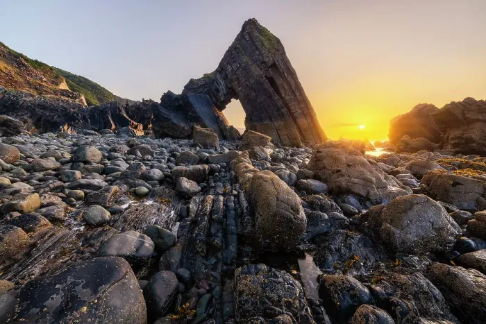 Framed Print : Blackchurch Rock at sunset, Mouthmill, north Devon, England, United Kingdom, Europe Framed Print : Blackchurch Rock at sunset, Mouthmill, north Devon, England, United Kingdom, Europe