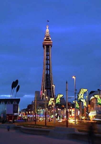 Blackpool illuminations with the tower and street mermaid decorations, Blackpool