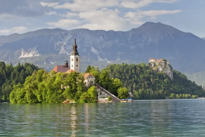 Framed Print : Blejski Otok Island with Santa Maria Church, Bled Castle, Lake Bled, Gorenjska, Julian Alps, Slovenia, Europe