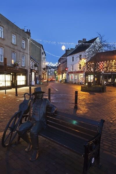 Blind Jack statue at Christmas, Knaresborough, North Yorkshire, Yorkshire, England, United Kingdom, Europe