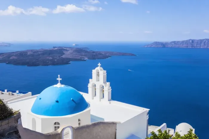 Framed Print : Blue dome and bell tower above Aegean Sea, St. Gerasimos church, Firostefani, Fira, Santorini (Thira), Cyclades Islands, Greek Islands, Greece, Europe Framed Print : Blue dome and bell tower above Aegean Sea, St. Gerasimos church, Firostefani, Fira, Santorini (Thira), Cyclades Islands, Greek Islands, Greece, Europe